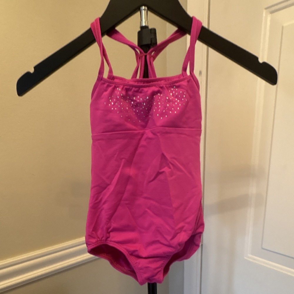 Motionwear Girls Pink Sleeveless Dance Leotard Rhinestone Heart 6X-7 2722